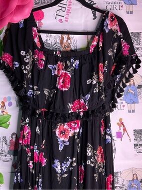 Floral Black Maxi Dress with Pink & Red Blooms - Unbranded